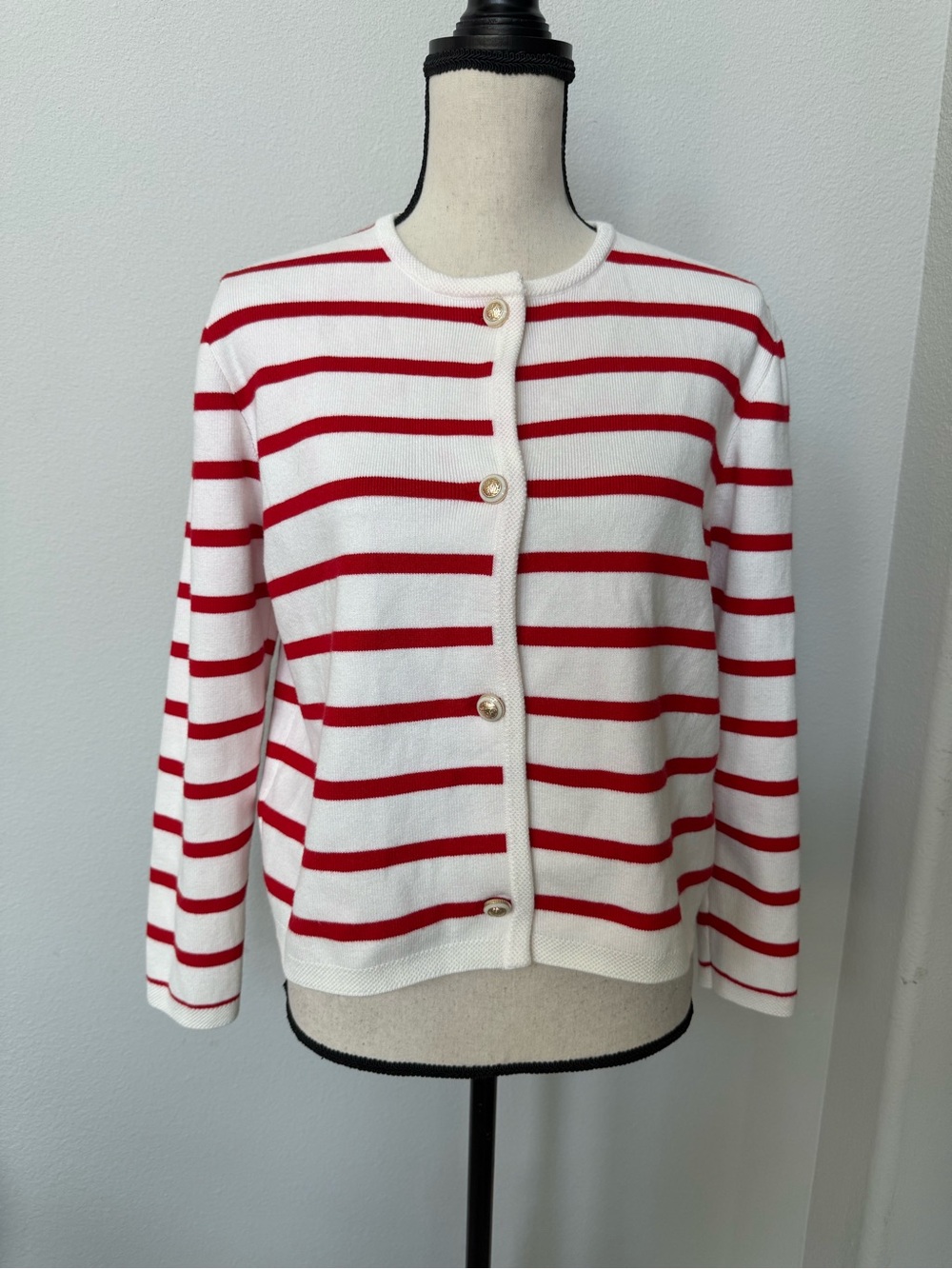 Classic Red & White Striped Crewneck Cardigan Sweater
